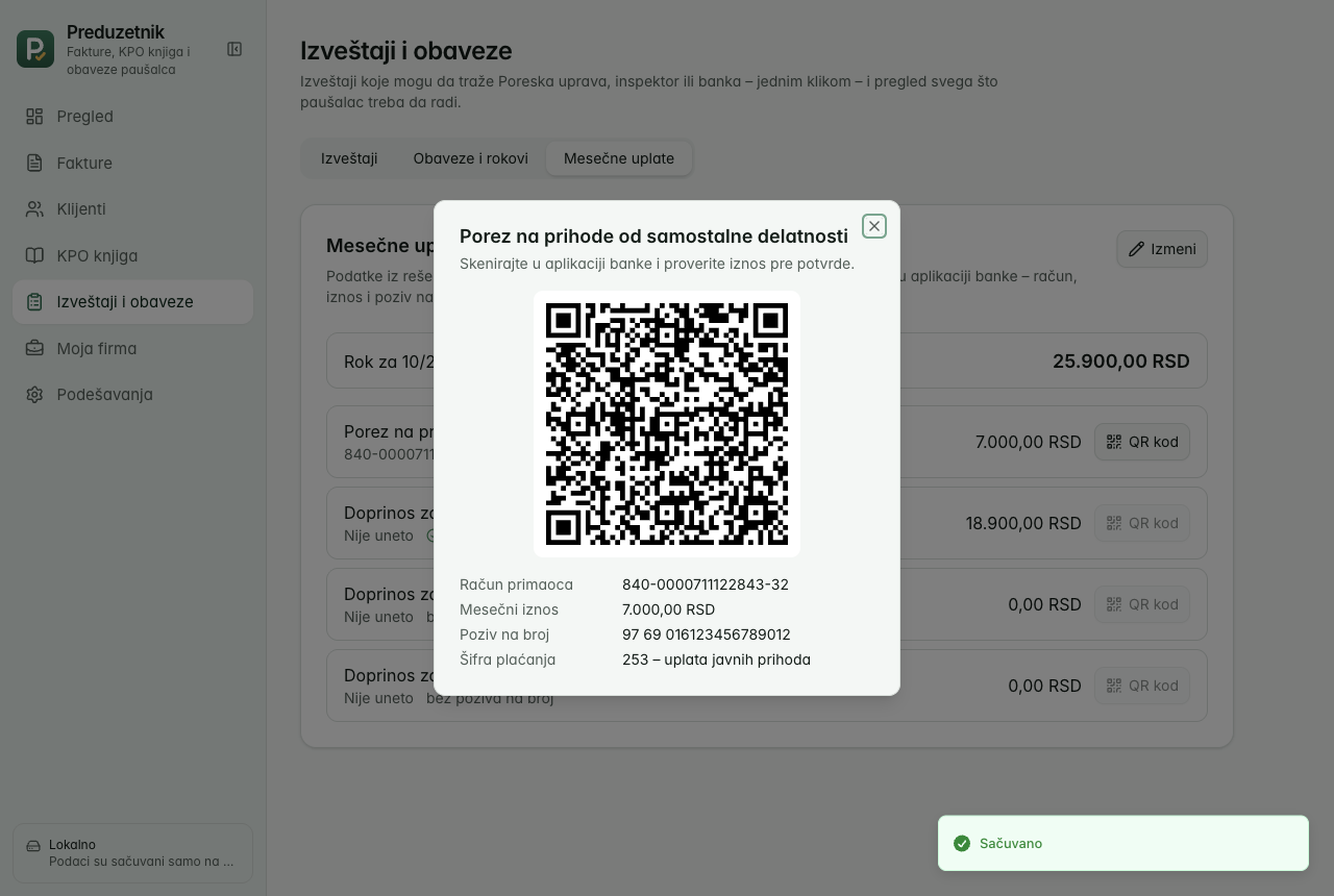 QR kod za uplatu poreza na prihode od samostalne delatnosti